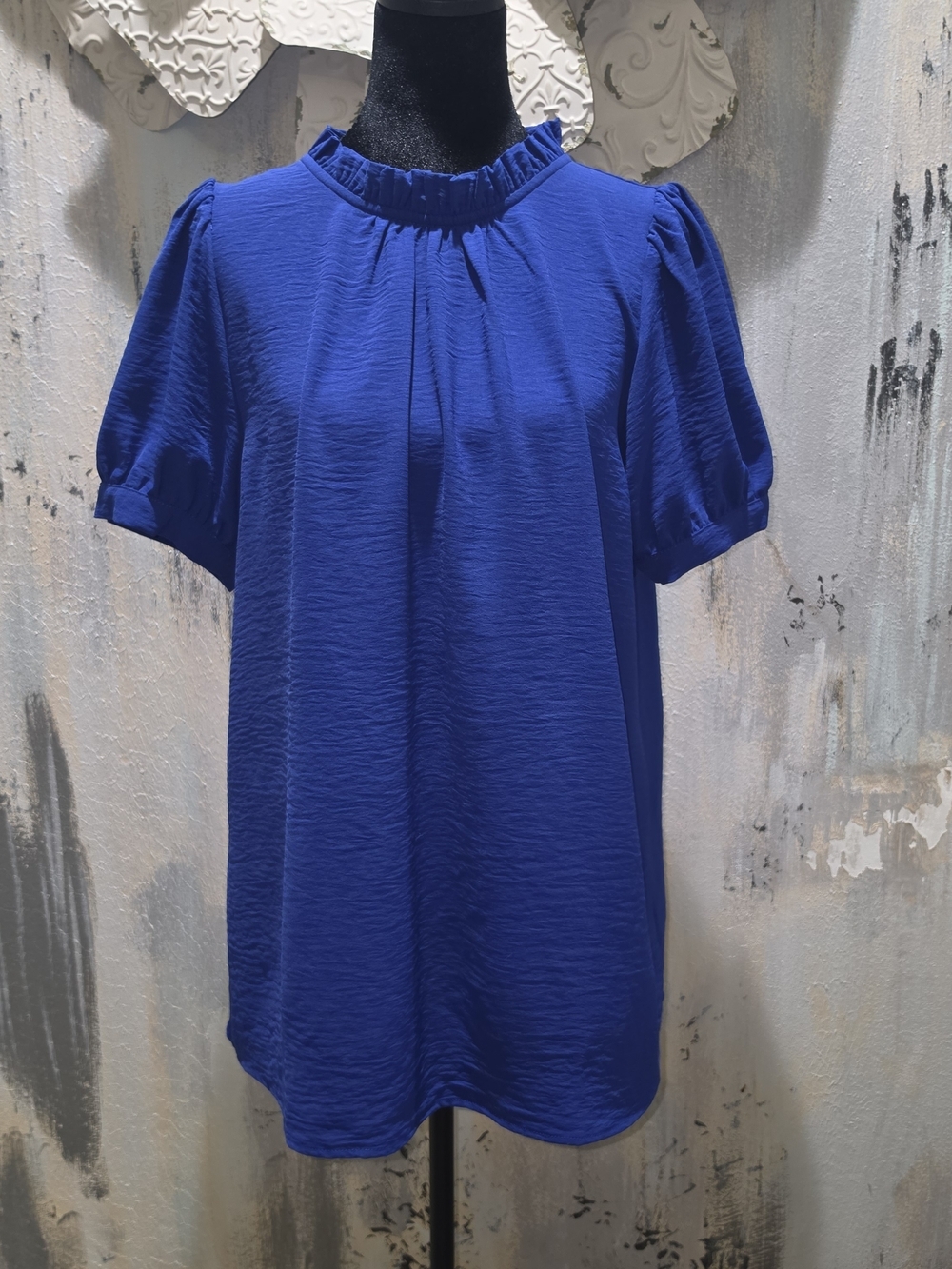 JODIFL Cobalt Ruffle-Neck Short Sleeve Blouse Size Large